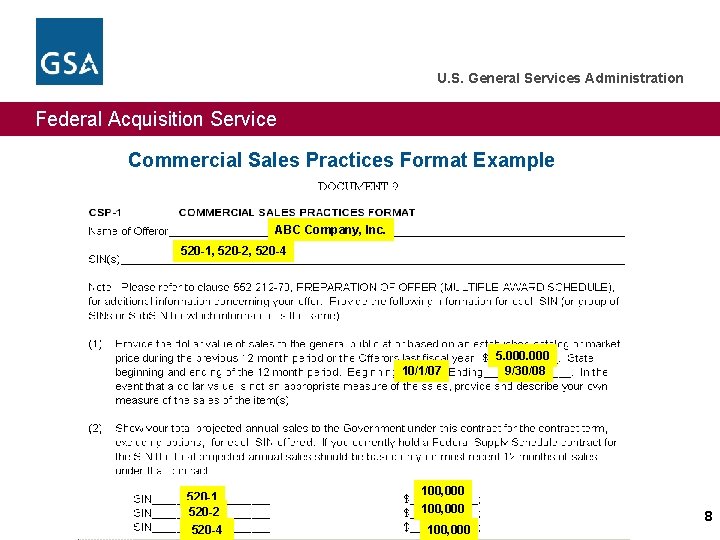 U. S. General Services Administration Federal Acquisition Service Commercial Sales Practices Format Example ABC