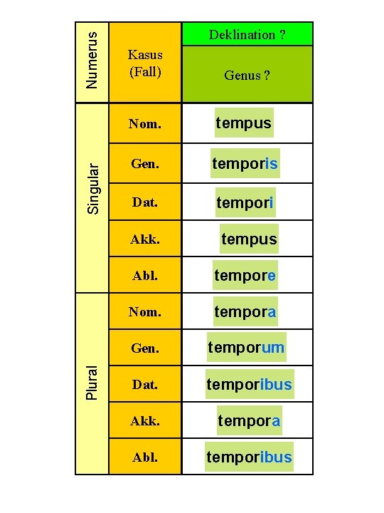 Numerus Singular Plural Deklination ? Kasus (Fall) Genus ? Nom. tempus Gen. temporis Dat.