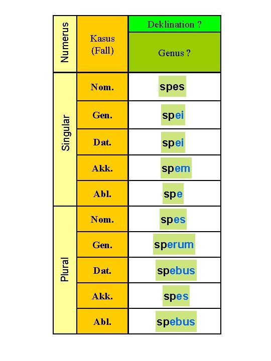 Numerus Singular Plural Deklination ? Kasus (Fall) Genus ? Nom. spes Gen. spei Dat.