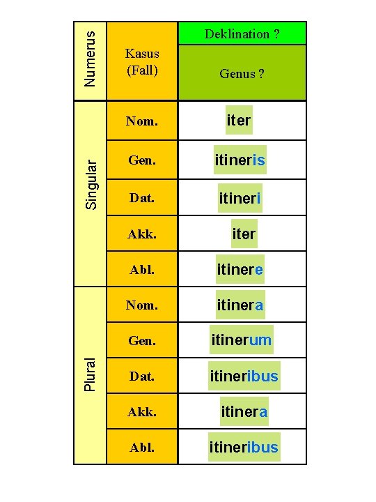 Numerus Singular Plural Deklination ? Kasus (Fall) Genus ? Nom. iter Gen. itineris Dat.