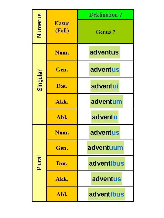 Numerus Singular Plural Deklination ? Kasus (Fall) Genus ? Nom. adventus Gen. adventus Dat.