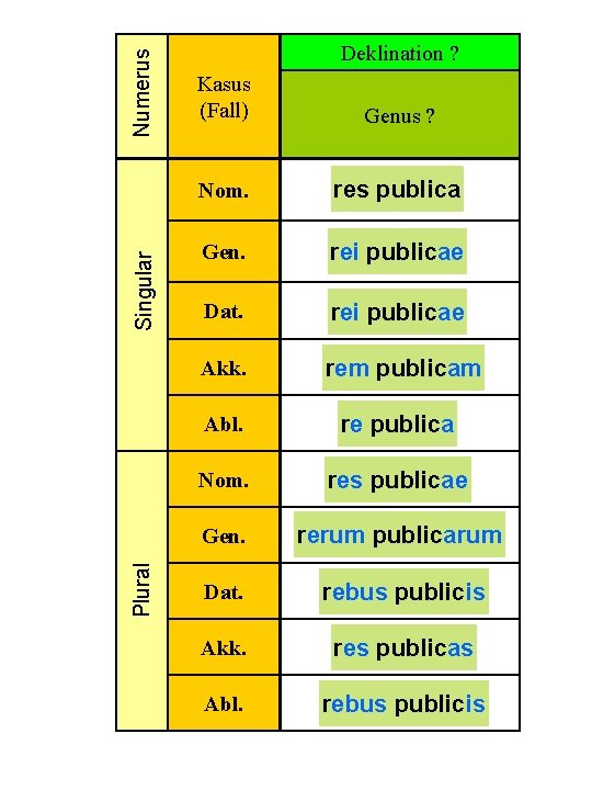 Numerus Singular Plural Deklination ? Kasus (Fall) Genus ? Nom. res publica Gen. rei