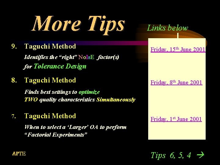 More Tips 9. Taguchi Method Links below Friday, 15 th June 2001 Identifies the