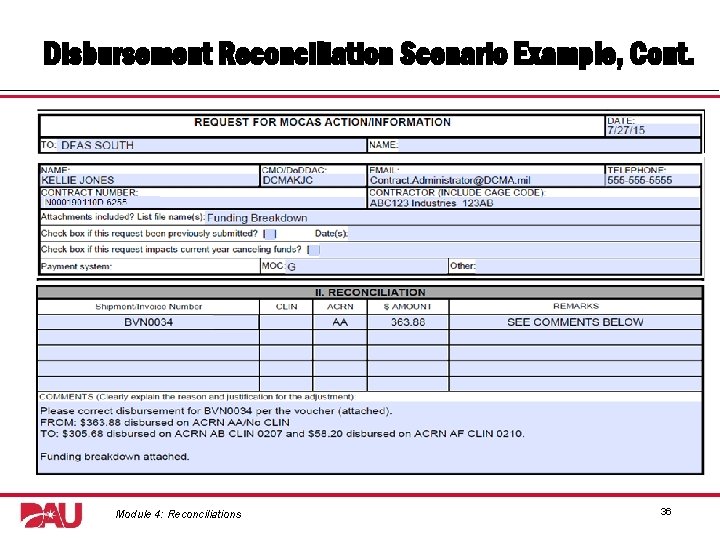 Disbursement Reconciliation Scenario Example, Cont. Graphic: screenshot of DC<A Form 325 Module 4: Reconciliations