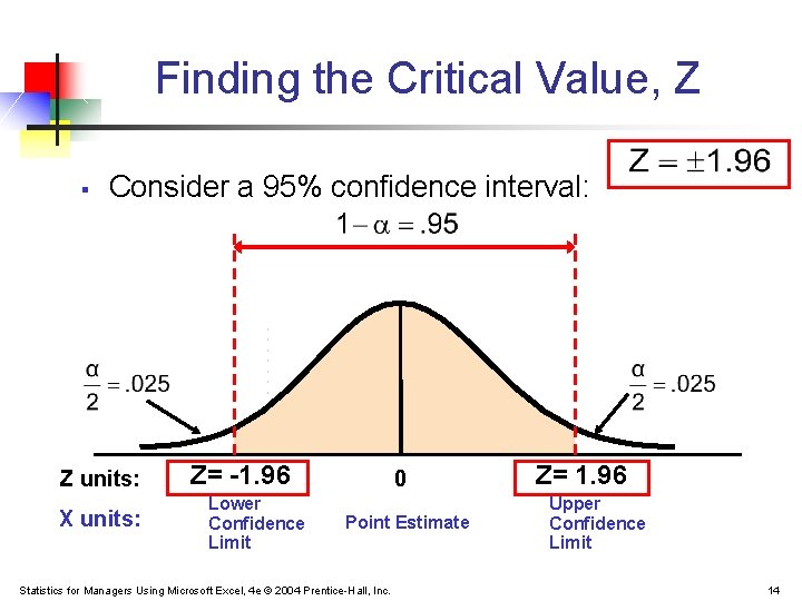 Finding the Critical Value, Z § Consider a 95% confidence interval: Z units: X
