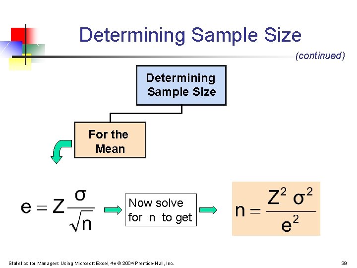 Determining Sample Size (continued) Determining Sample Size For the Mean Now solve for n