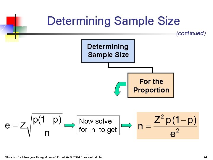 Determining Sample Size (continued) Determining Sample Size For the Proportion Now solve for n