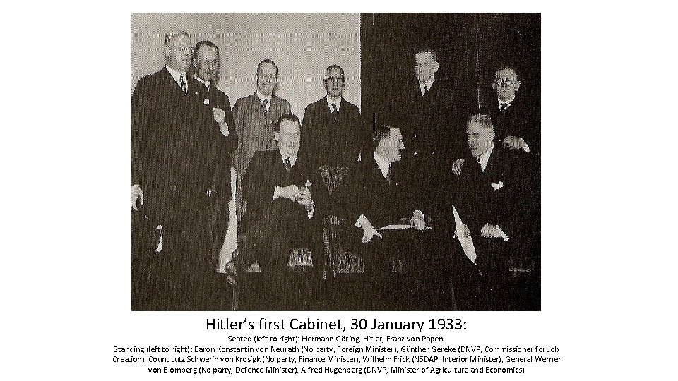 Hitler’s first Cabinet, 30 January 1933: Seated (left to right): Hermann Göring, Hitler, Franz