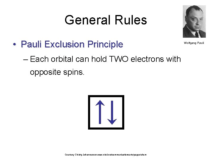 General Rules • Pauli Exclusion Principle – Each orbital can hold TWO electrons with