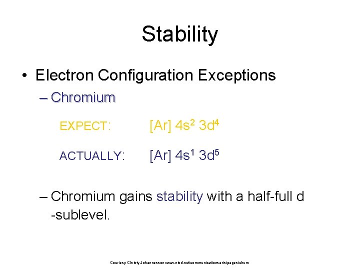 Stability • Electron Configuration Exceptions – Chromium EXPECT: [Ar] 4 s 2 3 d