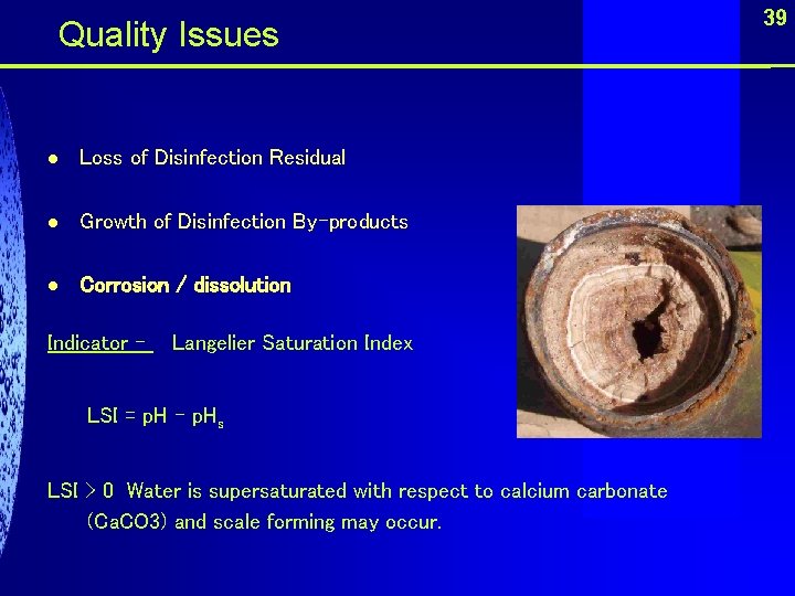  Quality Issues l Loss of Disinfection Residual l Growth of Disinfection By-products l
