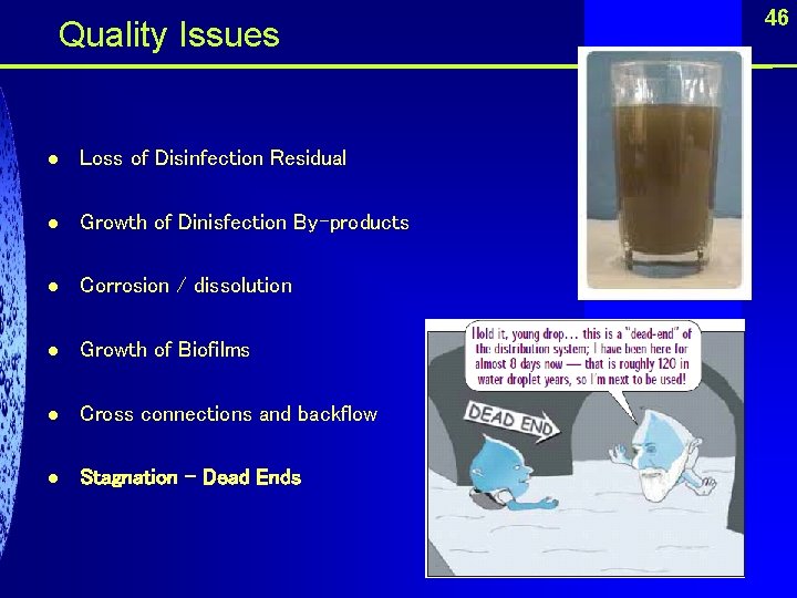  Quality Issues l Loss of Disinfection Residual l Growth of Dinisfection By-products l