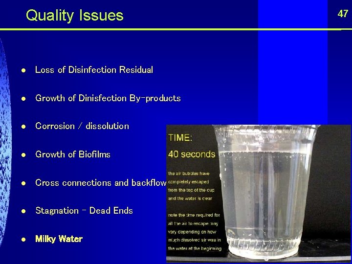  Quality Issues l Loss of Disinfection Residual l Growth of Dinisfection By-products l