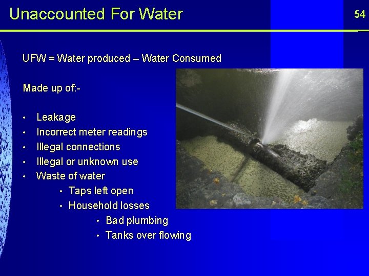 Unaccounted For Water UFW = Water produced – Water Consumed Made up of: •