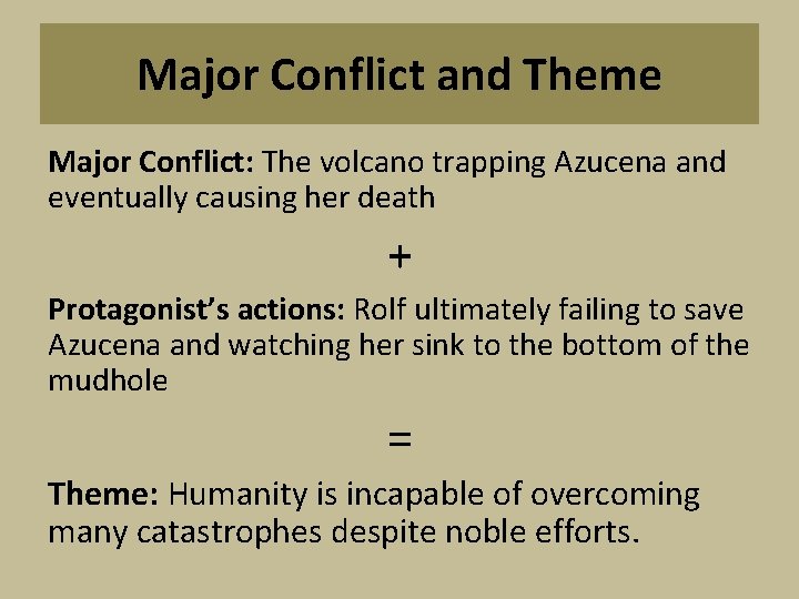 Major Conflict and Theme Major Conflict: The volcano trapping Azucena and eventually causing her