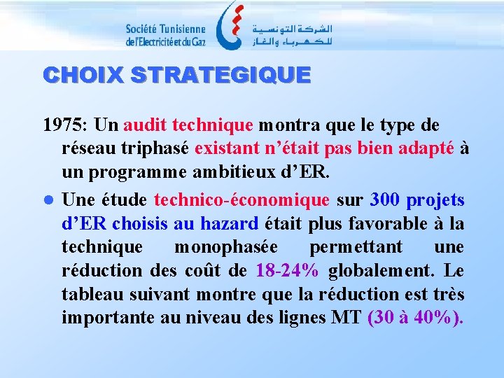 CHOIX STRATEGIQUE 1975: Un audit technique montra que le type de réseau triphasé existant