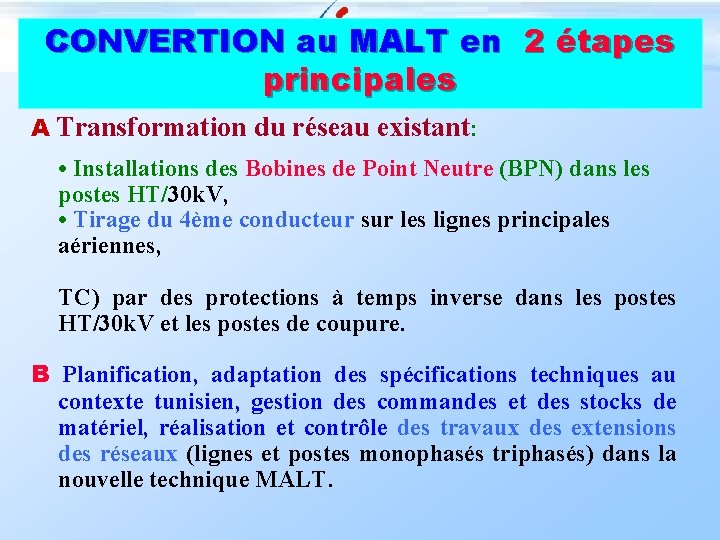 CONVERTION au MALT en 2 étapes principales A Transformation du réseau existant: • Installations