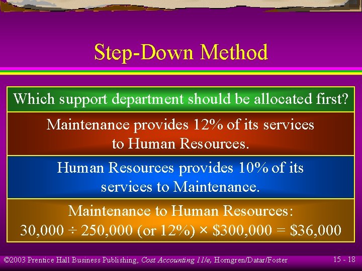 Step-Down Method Which support department should be allocated first? Maintenance provides 12% of its