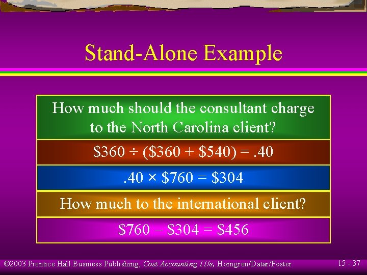 Stand-Alone Example How much should the consultant charge to the North Carolina client? $360