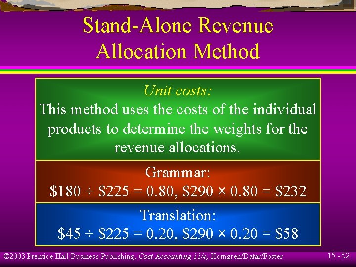 Stand-Alone Revenue Allocation Method Unit costs: This method uses the costs of the individual