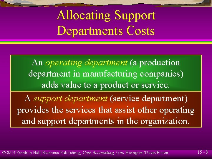 Allocating Support Departments Costs An operating department (a production department in manufacturing companies) adds