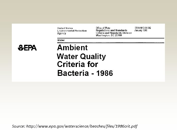 Source: http: //www. epa. gov/waterscience/beaches/files/1986 crit. pdf Source: http: //www. epa. gov/waterscience/beaches/files/1986 crit. pdf