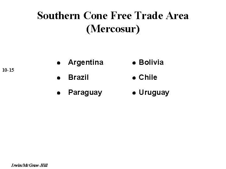 Southern Cone Free Trade Area (Mercosur) Argentina Bolivia Brazil Chile Paraguay Uruguay 10 -15