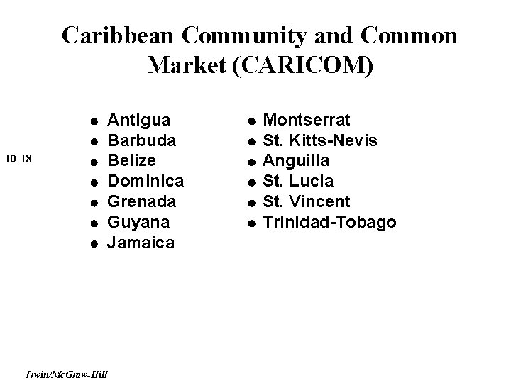 Caribbean Community and Common Market (CARICOM) 10 -18 Irwin/Mc. Graw-Hill Antigua Barbuda Belize Dominica