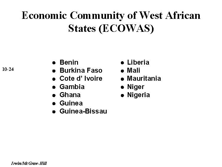 Economic Community of West African States (ECOWAS) 10 -24 Irwin/Mc. Graw-Hill Benin Burkina Faso