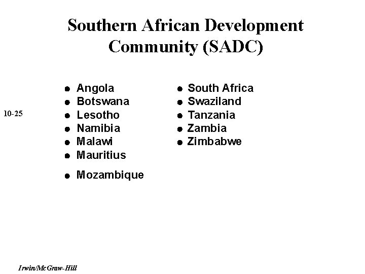 Southern African Development Community (SADC) Angola Botswana Lesotho Namibia Malawi Mauritius Mozambique 10 -25