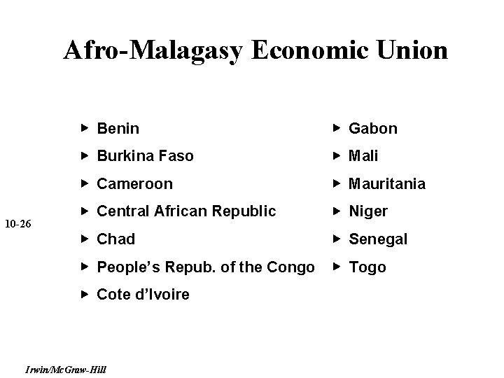 Afro-Malagasy Economic Union 10 -26 ▶ Benin ▶ Gabon ▶ Burkina Faso ▶ Mali