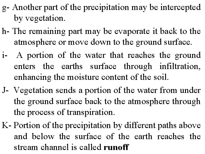 g- Another part of the precipitation may be intercepted by vegetation. h- The remaining