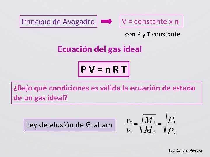Principio de Avogadro V = constante x n con P y T constante Ecuación
