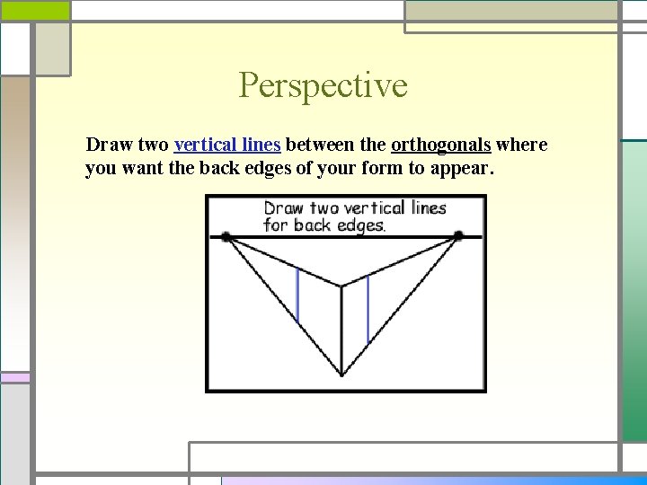 Perspective Draw two vertical lines between the orthogonals where you want the back edges