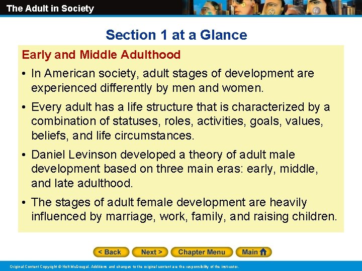 The Adult in Society Section 1 at a Glance Early and Middle Adulthood •