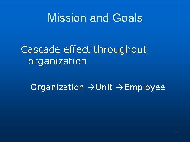 Mission and Goals Cascade effect throughout organization Organization Unit Employee 6 