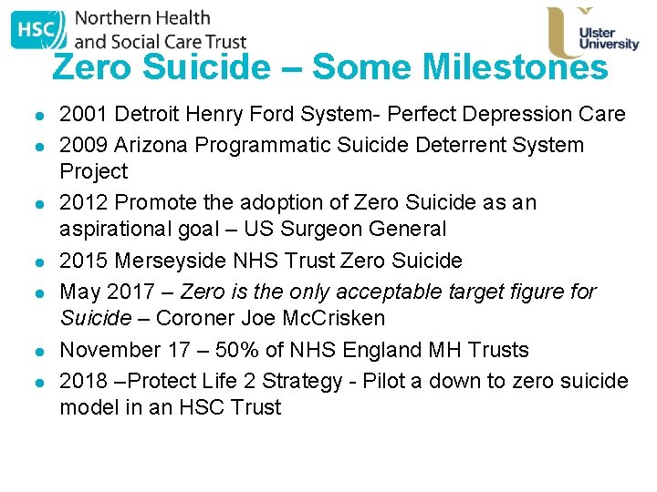 Zero Suicide – Some Milestones l l l l 2001 Detroit Henry Ford System-