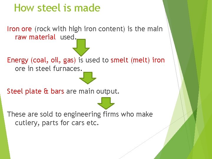 How steel is made Iron ore (rock with high iron content) is the main