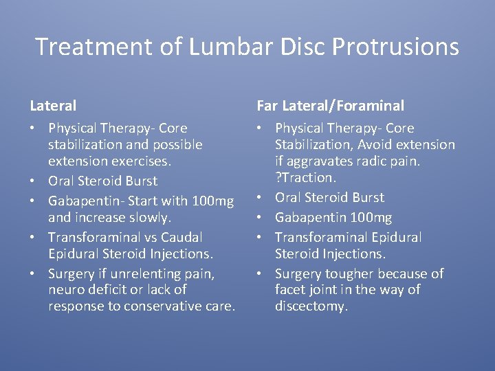 Treatment of Lumbar Disc Protrusions Lateral Far Lateral/Foraminal • Physical Therapy- Core stabilization and