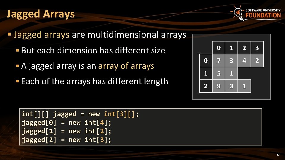 Jagged Arrays § Jagged arrays are multidimensional arrays 0 1 2 3 0 7