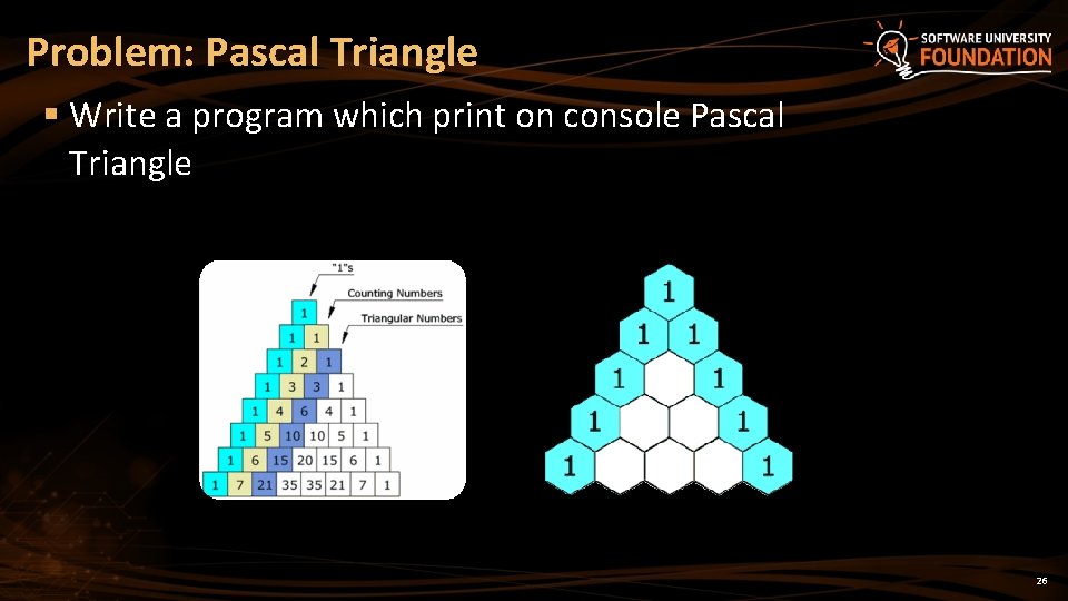 Problem: Pascal Triangle § Write a program which print on console Pascal Triangle 26