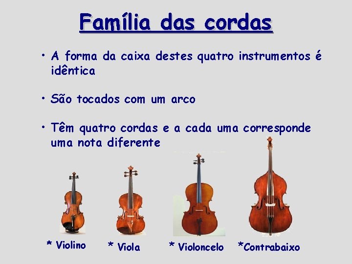 Família das cordas • A forma da caixa destes quatro instrumentos é idêntica •