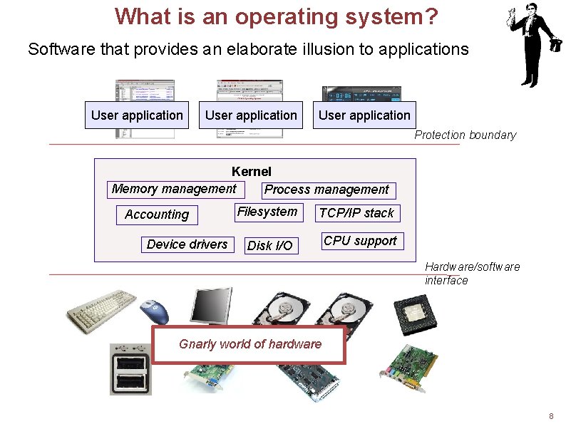 What is an operating system? Software that provides an elaborate illusion to applications User