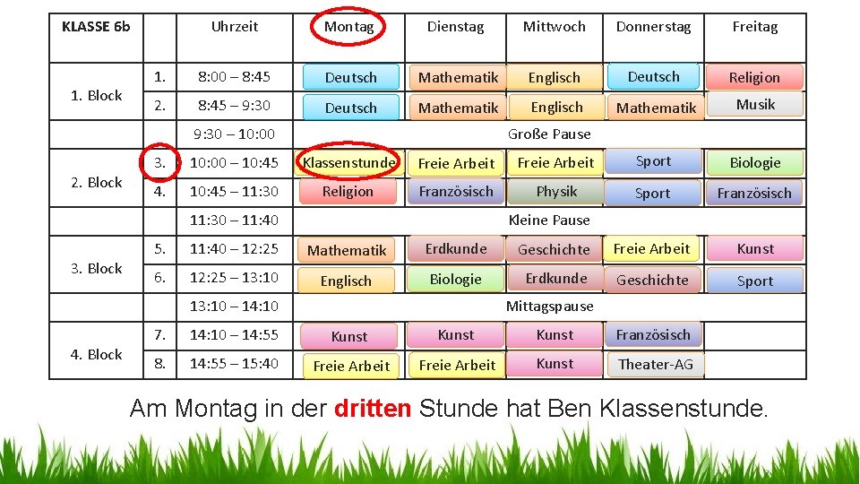 KLASSE 6 b 1. Block Uhrzeit Montag Dienstag Mittwoch Donnerstag Freitag 1. 8: 00