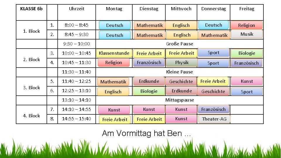 KLASSE 6 b 1. Block Uhrzeit Montag Dienstag Mittwoch Donnerstag Freitag 1. 8: 00