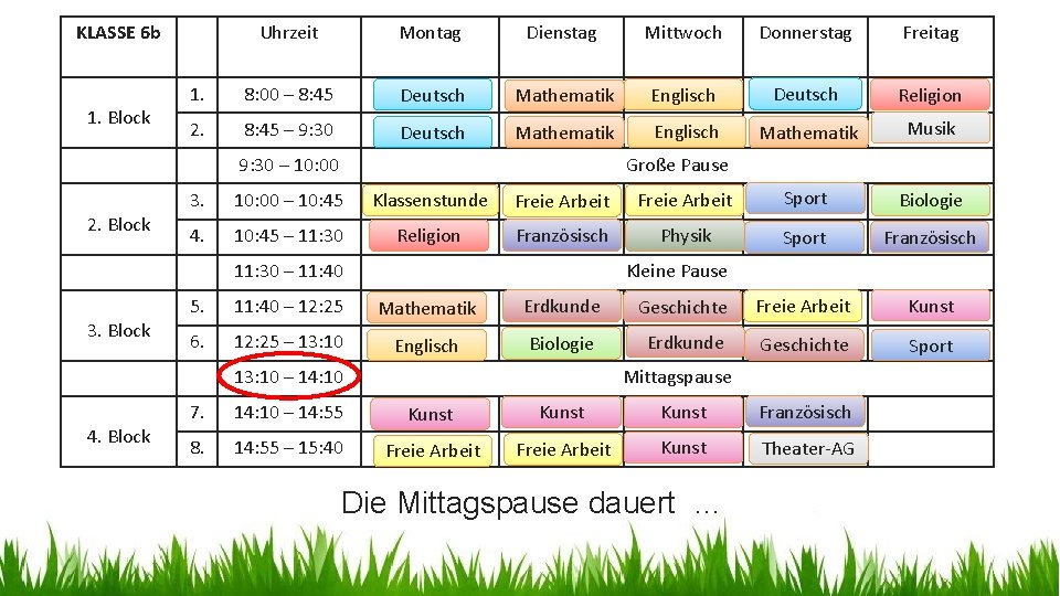 KLASSE 6 b 1. Block Uhrzeit Montag Dienstag Mittwoch Donnerstag Freitag 1. 8: 00