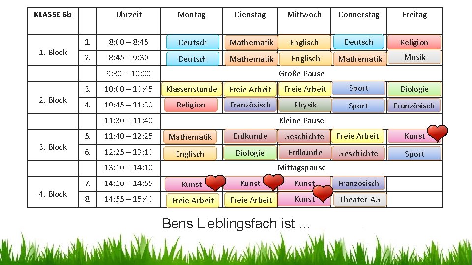 KLASSE 6 b 1. Block Uhrzeit Montag Dienstag Mittwoch Donnerstag Freitag 1. 8: 00