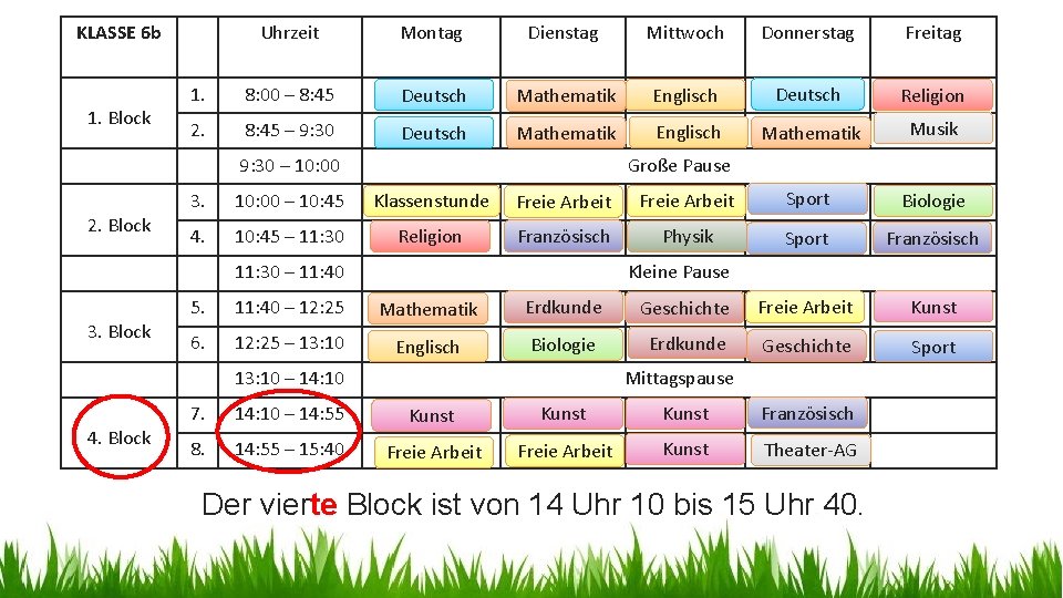 KLASSE 6 b 1. Block Uhrzeit Montag Dienstag Mittwoch Donnerstag Freitag 1. 8: 00