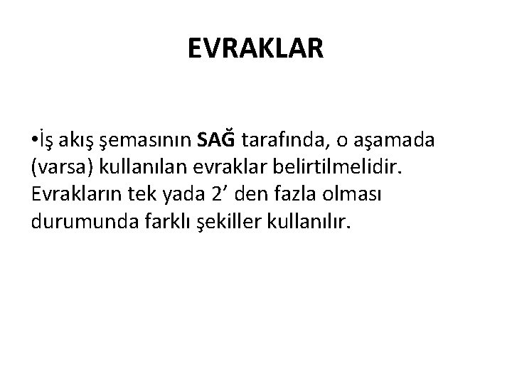 EVRAKLAR • İş akış şemasının SAĞ tarafında, o aşamada (varsa) kullanılan evraklar belirtilmelidir. Evrakların