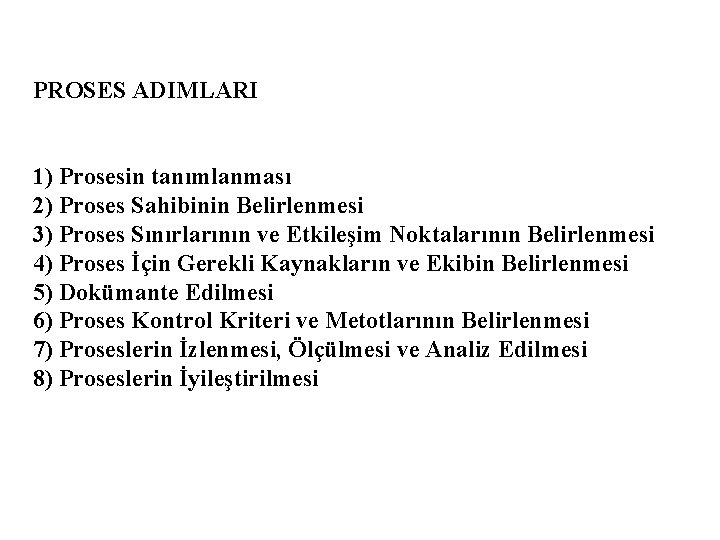 PROSES ADIMLARI 1) Prosesin tanımlanması 2) Proses Sahibinin Belirlenmesi 3) Proses Sınırlarının ve Etkileşim
